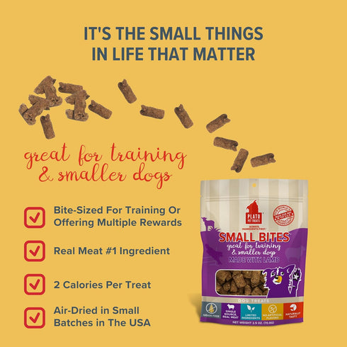 PLATO Pet Treats Air Dried Small Bites Dog Treats, Natural Real Meat & Lamb, 2.5oz, Grain Free & High Protein