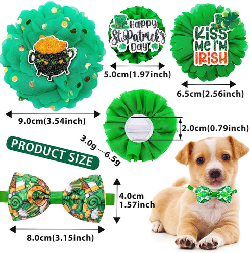 24pcs St. Patrick's Day Dog Bow Ties, Adjustable Green Pet Collar Attachment, Lucky Clover Bowties for Dogs
