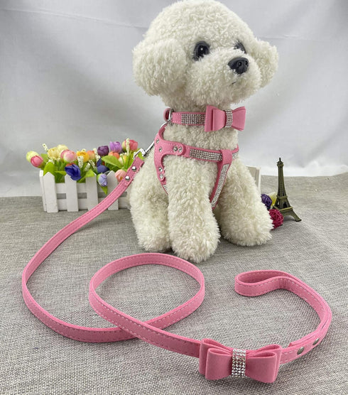 Bowtie Dog Collar & Harness & Lead Sets, Comfortable Soft Puppy Collar with Diamante, Pink - XS