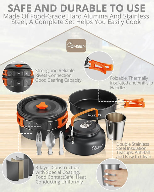 HOMGEN Camping Cooking Set - Lightweight Aluminium Pots and Pans Kit for 2-3 People, Perfect for Camping, Picnic, Hiking