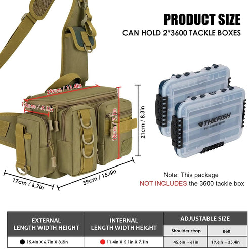 THKFISH Fishing Tackle Bag, Portable Fly Fishing Sling Pack with D-Rings and Waist Strap, Khaki