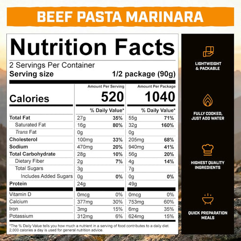 49g 1040 100% Backpacking 2 (2 Peak Refuel Beef Pasta Marinara | Protein | Calories | Real Meat | Premium Freeze Dried