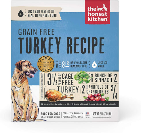 The Honest Kitchen Human Grade Dehydrated Grain Free Dog Food – Turkey 2 lb (Complete Meal or Topper, makes 8 lbs)