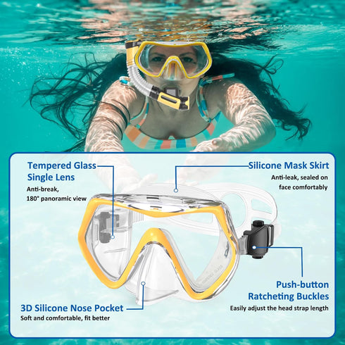 Otowaving Dry Snorkel Set for Adults, Panoramic View Snorkel Gear, Anti-Fog Tempered Glass Swim Mask, Snorkel Kit