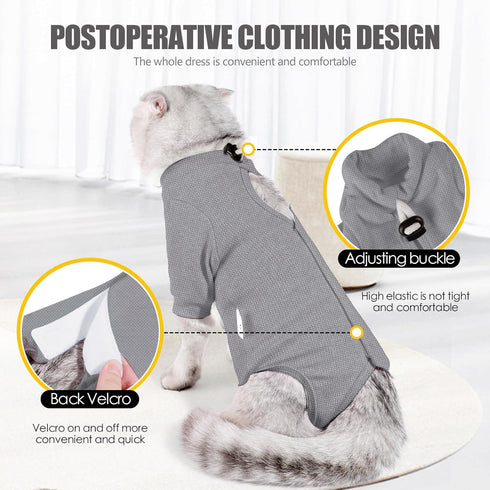 JOHNBOLIN Cat Surgery Recovery Suit, Protective Soft Cone Onesie Shirt for Female Male Pets (Grey, Large)
