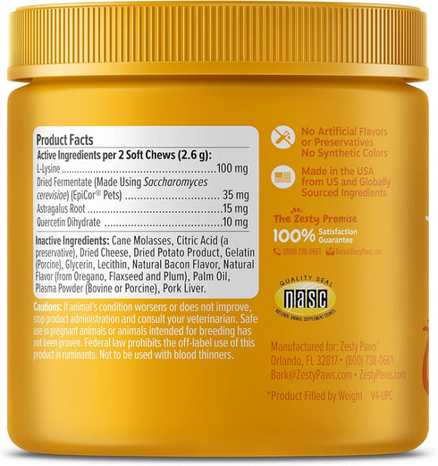 Zesty Paws Cat Allergy Relief, Anti Itch Supplement with Omega 3 Probiotics, 60 Count, Bacon