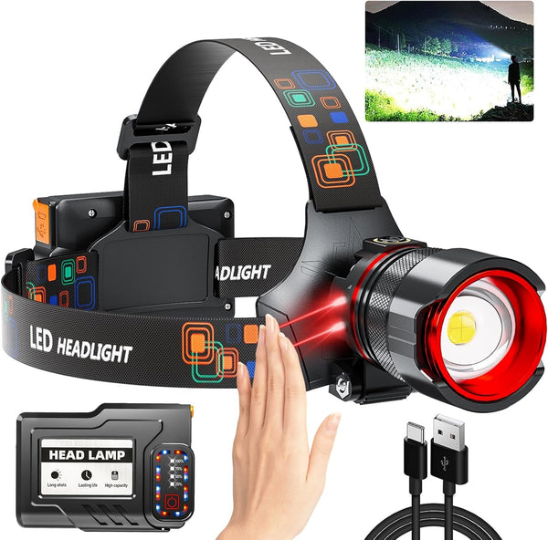 Rechargeable Headlamp 900000 High Lumens, Super Bright LED Head Lamp with Motion Sensing, 5 Modes