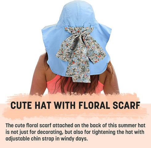Solaris Wide Brim Women Sun Hat, UPF 50+ Sun Protection, Packable, Floral Scarf Cooling Hat with Neck Flap