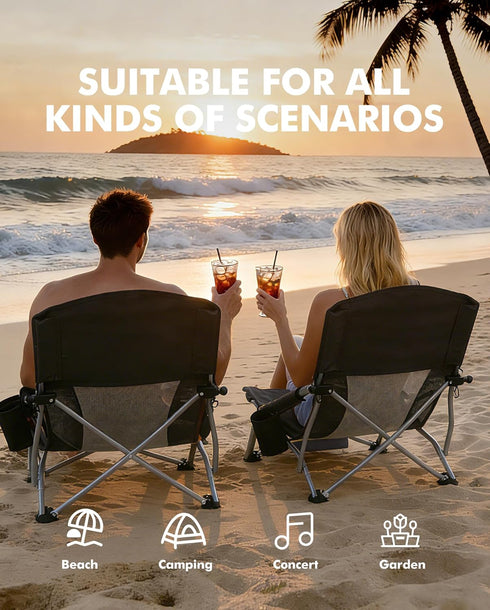 (1 Pack 2 Pack, AKSOUL Folding Beach Chair for Adults: Low/High Back Chairs with Carry Bag - Extra Wide Seat Chair