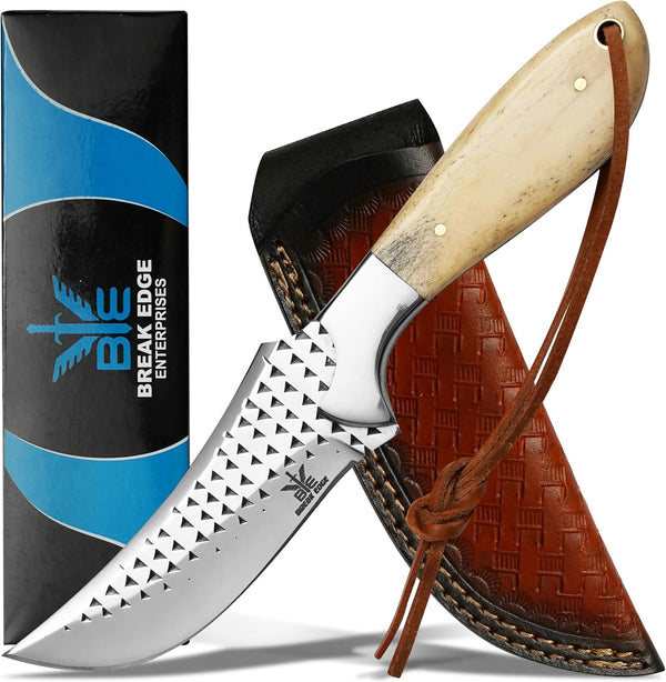 Handmade Cowboy Skinning Hunting Knife with Leather Sheath - Outdoor Camping Hiking Rasp Knife - Stainless Fixed Blade