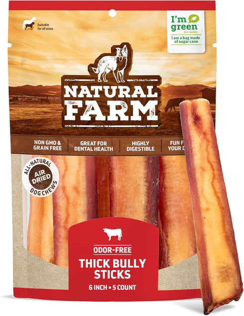 Natural Farm Odor-Free Thick Bully Sticks, 6”, 5-Pack, All-Natural Long-Lasting Dog Chews, 100% Beef Pizzle