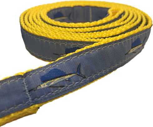 Preston Sailfish Dog Collar and Leash Set, Light Blue Ribbon on Yellow, Adjustable Nylon Webbing, Small Size