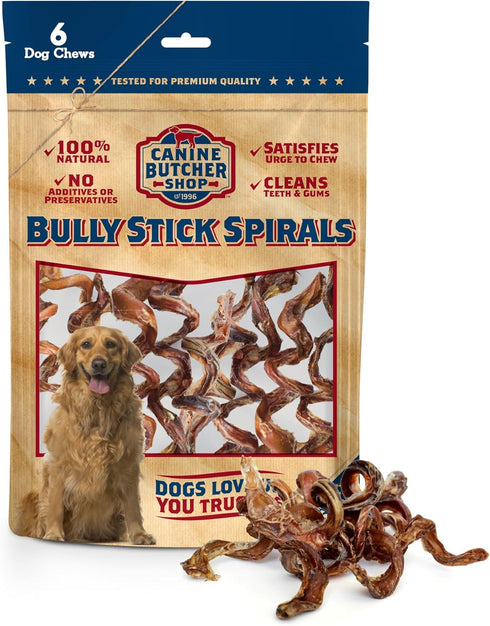 Bully Stick Spirals/Springs, Odor Free, All-Natural Dog Chews, Pack of 6, Made in USA