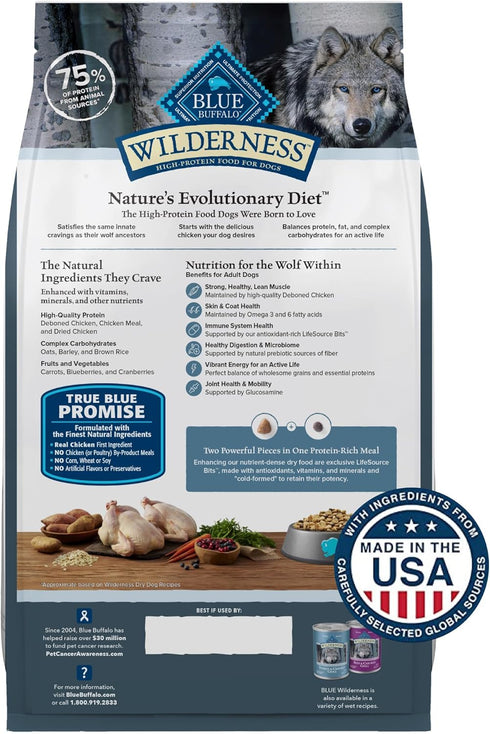 Blue Buffalo Wilderness Adult High-Protein Dry Dog Food with Real Chicken Plus Wholesome Grains, Made in the USA with Natural Ingredients, Chicken, 4.5-lb. Bag