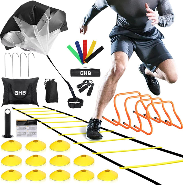 GHB Agility Ladder and Football Training Equipment Set with 4 Hurdles, Speed Ladder, and Resistance Parachute