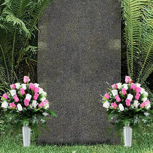 Gooddyiyukey Artificial Grave Flowers for Cemetery, Mothers Day Grave Decorations, Faux Fake Red White Blue Silk Roses