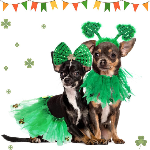 4 Pcs St Patrick's Day Dog Costume - Tutu for Dogs, Sequins Bowtie, Shamrock Headband, Green Puppy Skirt for Irish Party