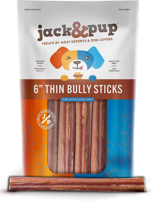 Jack&Pup Premium Thin Dog Bully Sticks - 6 inch Bully Sticks for Dogs, (10 Pack) - Odor Free Beef Chews for Small Dogs