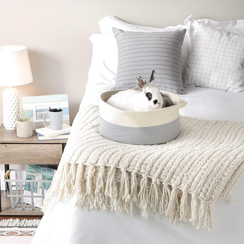 Bone Dry Pet Storage Collection Decorative Cotton Rope Basket/Bed, 15.75x6.25, White/Gray Cat Ears