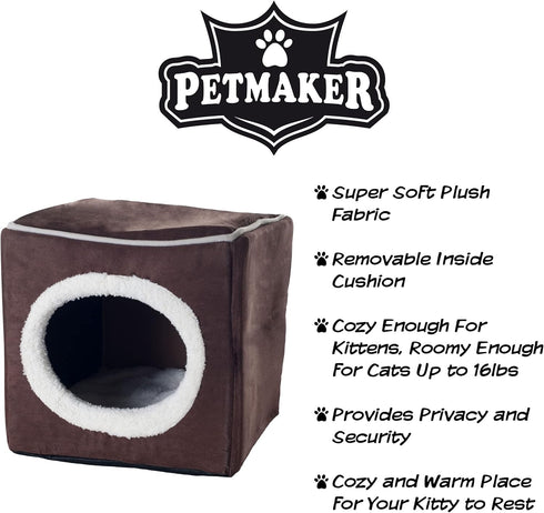 Cat House - Indoor Bed with Removable Foam Cushion, Dark Brown, 13x13.5x12"