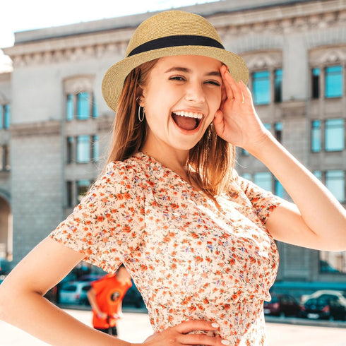 Straw Fedora Sun Hats for Women & Men, Summer Short Brim Roll Up Trilby Hat, Packable Panama Jazz Hat
