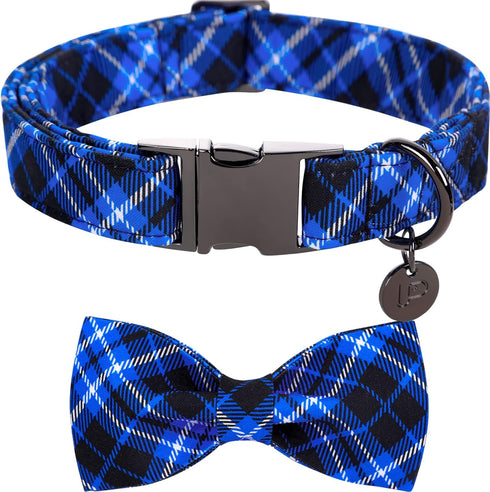 Dog Collar with Bow Tie, Cotton Bowtie Collar for X-Large Girl Boy Dog, Holiday Blue, Neck 16-26in.