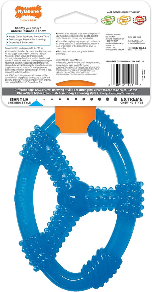 Nylabone Spin Tug & Play Puppy Chew Ring Toy, Soothing Teething Bone for Medium Dogs, Blue, Peanut Butter Flavor, 1