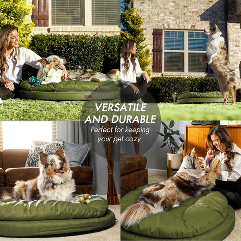 ClevaHome Orthopedic Dog Bed for Large Dogs - Dual Layer Water Repellent Round Pet Bed with Washable Cover, Olive Branch