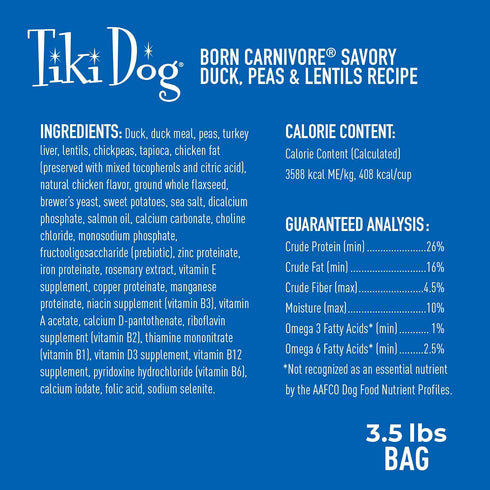 Tiki Dog Born Carnivore Savory Duck, Peas & Lentils Recipe, Grain Free Baked Kibble for Adult Dogs, 3.5 lbs