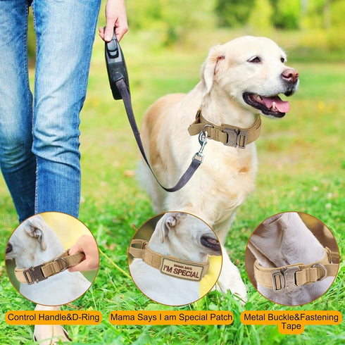 KCUCOP Tactical Dog Collar with Handle - Adjustable Military Dog Collar with Metal Buckle and Patches for Medium and