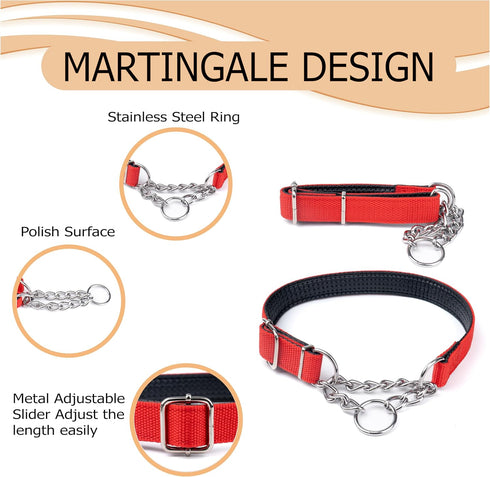 Reflective Martingale Dog Collar - Stainless Steel Chain Trainer Collar for All Breeds, Convenient Sizing
