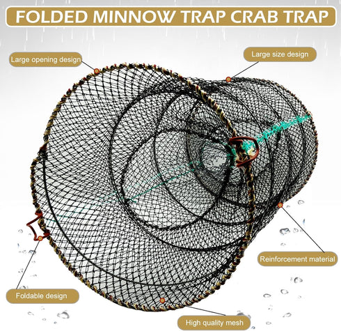 23.6in 11.8in Folded Minnow Trap Crab Trap x Thicken Fishing Bait Trap with Hand Rope Crawfish Lobster Fishing Net Trap
