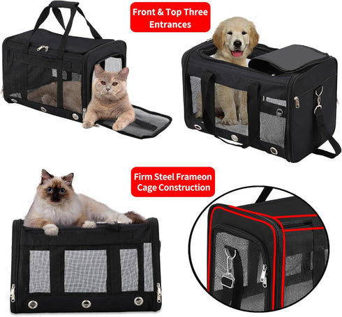 SWUVVI 25 LbsBlack Soft Sided Cat/Dog CarrierCollapsible Mesh Pets Travel Carriers for Pet/Puppy with Shoulder Strap