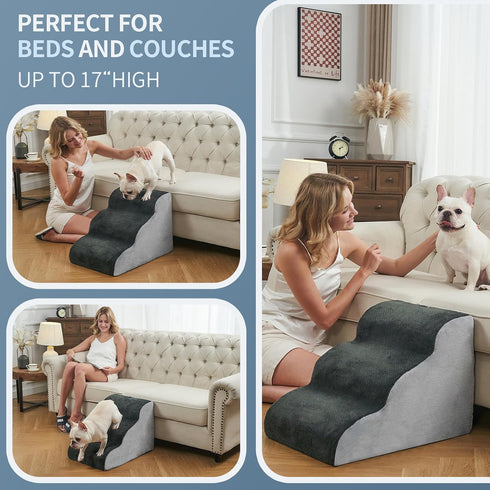 BOMOVA 3-Step Dog Stairs to Bed, Non-Slip Steps for High Bed and Couch, Indoor Pet Steps, Grey, 2/3/4/5 Steps