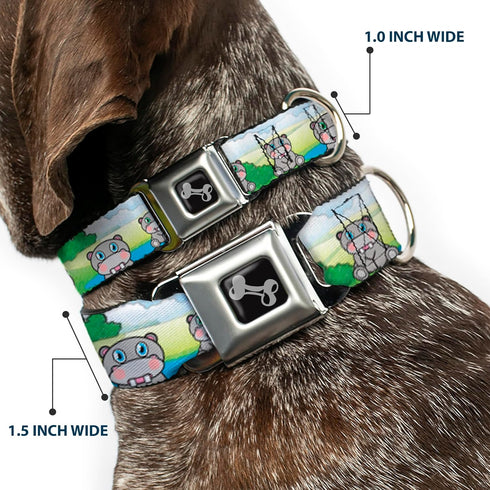 Buckle-Down Hippo Cartoon Dog Collar, Multicolor, 1.5" Wide, Fits 16-23" Neck, Medium