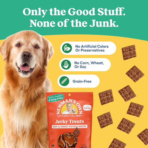 5 oz (Pack 6) Newman's Own Beef & Sweet Potato Jerky Dog Treats, Bag of High Protein, Grain Free, Grass-Fed as Beef