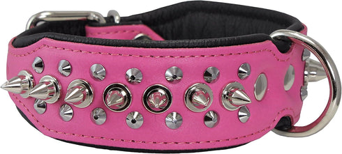 Dogs My Love Spiked Studded Genuine Leather Dog Collar, 1.75" Wide, 12-14.5" Neck, Pink/Black