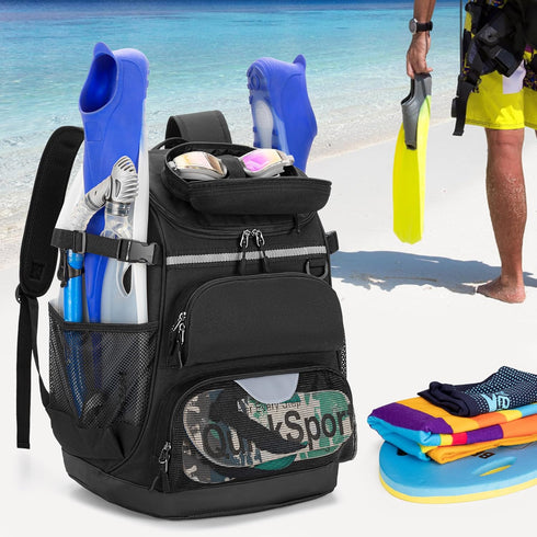 Swim Backpack with Separate Shoe Space, Swim Gear Bag for Swimming Pool and Beach, Black Sports Backpack
