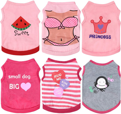 6 Pieces Dog Shirt Puppy Sweatshirt - Sleeveless Vest for Small to Medium Dogs, Cute Patterns, S Size