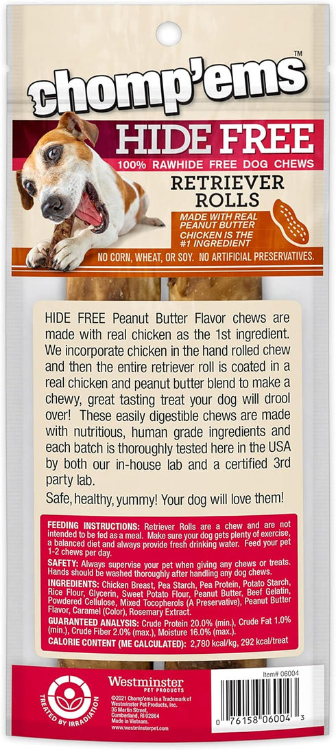 CHOMP 'EMS Chicken & Peanut Butter Hide Free Dog Chews - Rawhide Free Dog Treats - No Hide Alternative Chew Treat for All Life Stages, 7", 2 Count — Satisfies Chewing Instincts