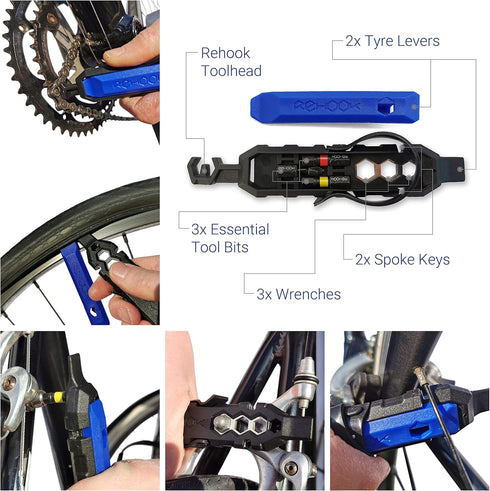 Rehook PLUS Lightweight Bike Multi Tool for Cyclists, Includes Tyre Levers, Spoke Keys, Chain Tool, Wrench, Hex,