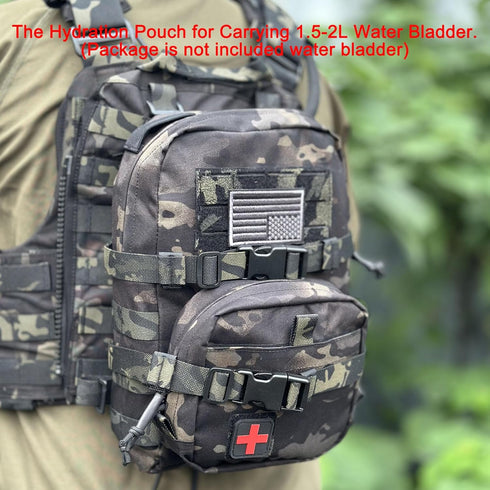 Tactical Mini Molle Hydration Pack, Outdoor Carrier with IFAK Pouch, US Flag, Med Patch, Hydropack for 2L Bladder