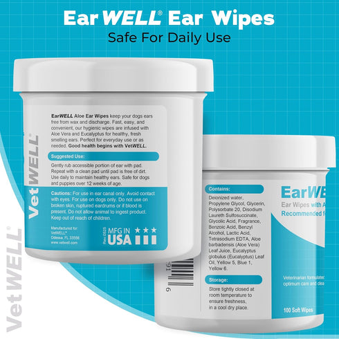 EarWELL by VetWELL Dog Ear Wipes - 100 Count Otic Cleaning Wipes for Infections and Controlling Ear Odor