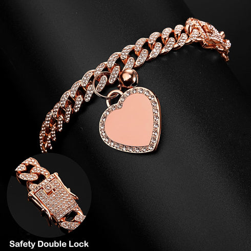 Hillban Rose Gold-Plated Diamond Dog Chain Collar with Heart Rhinestones, Personalized Name Tag for Small, Medium, and