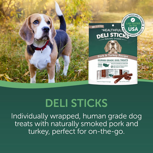 10 Count HEALTHFULS Deli Sticks Pork and Turkey Human-Grade Gluten-Free Soft and Chewy Dog Treats, Bag