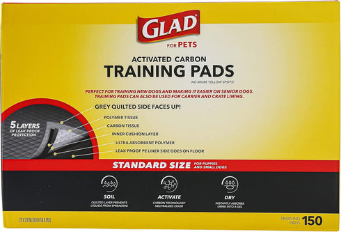 Glad for Pets Activated Carbon Dog Training Pads, 23" x 23", 150 Count, Absorbent Black Disposable Indoor Pee Pads