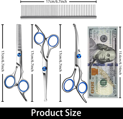 Dog Grooming Scissors Kit - Includes Curved, Thinning, Straight Scissors, Comb, Nail Clippers for Small Dogs & Puppies