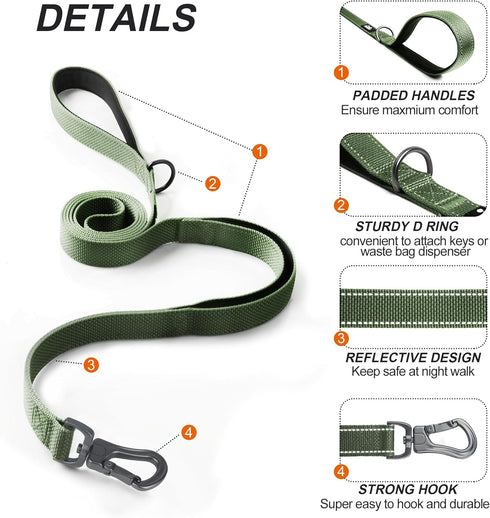 TwoEar 6FT 1IN Strong Green Dog Leash with 2 Padded Handles, Comfortable Soft Dual Handle for Small Medium Large Dogs