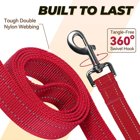 VIVAGLORY Twingrip Dog Leash - Double Handle for Training & Walking, Reflective Heavy Duty, 6ft x 1in, Red