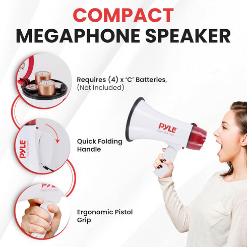 Pyle Megaphone Speaker PA Bullhorn - 20 Watts, Adjustable Volume Control, Built-in Siren, 800 Yard Range
